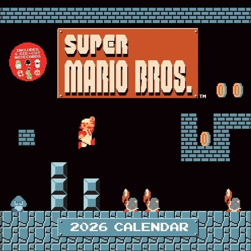 Super Mario Bros. 8-Bit Retro 2026 Wall Calendar + 6 Bonus Die-Cut Notecards (Wall)